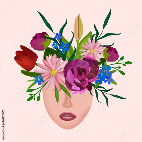 Different Flowers Peony tulips gerbera forget-me-not and some leafs growing form Woman's Head in watercolor - free your mind