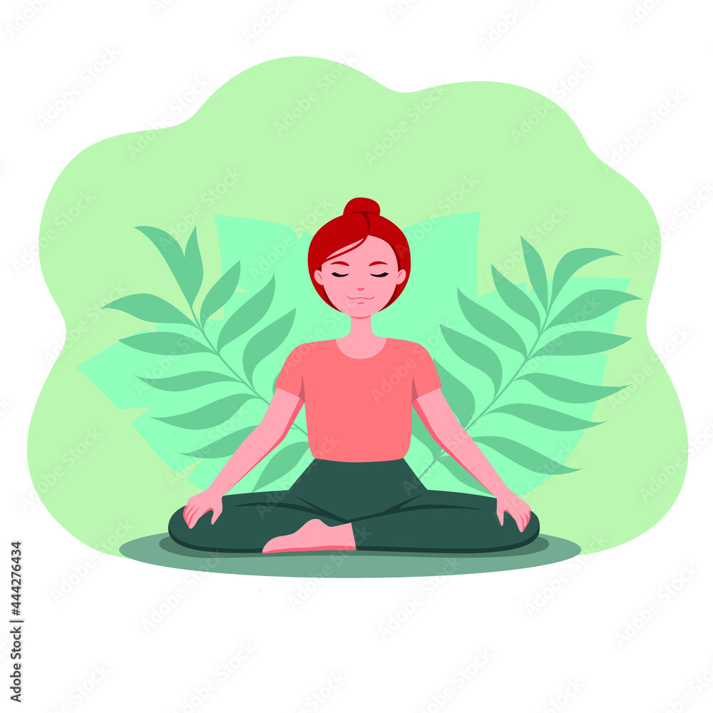Yoga in the lotus position. Girl doing meditation. Plant's green background. Flat design illustration.