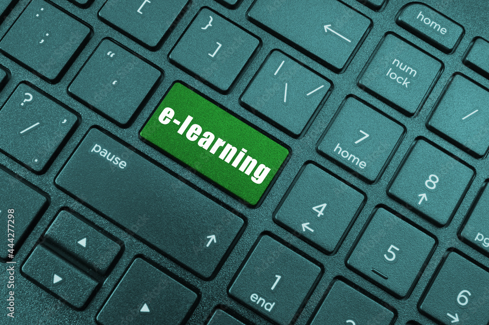Online education concept, laptop computer key e-learning on keyboard	