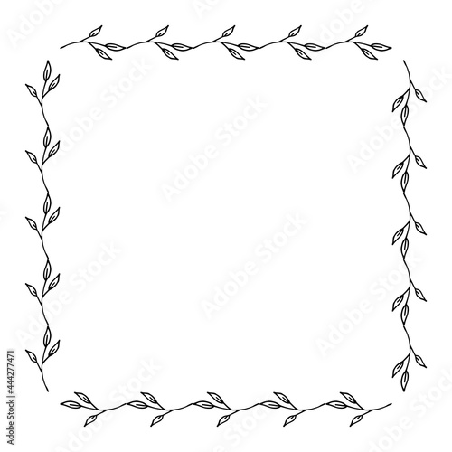 Square frame with cozy black-and-white branches on white background. Doodle style. Vector image.