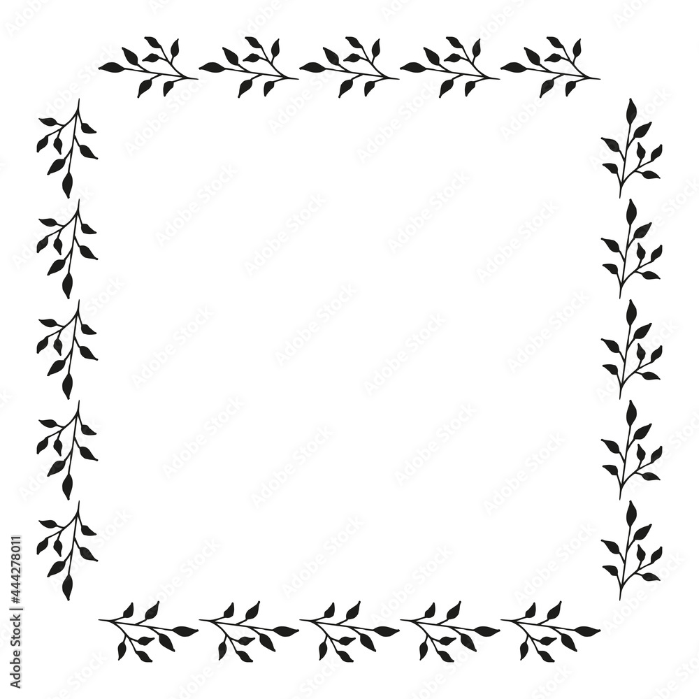 Obraz premium Square frame with creative black branches on white background. Doodle style. Vector image.