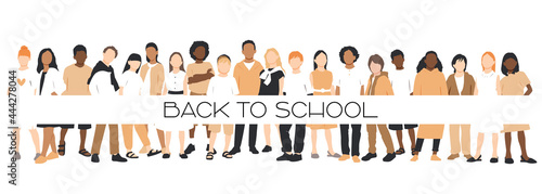 Back to school banner. Children of different ethnicities stand side by side together. Flat vector illustration.