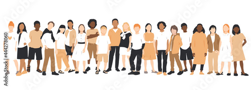Children of different ethnicities stand side by side together. Flat vector illustration.