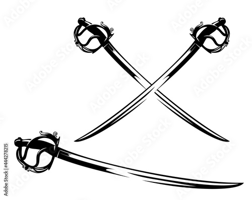 antique sabre sword vector design - crossed backsword blades and black and white outline set