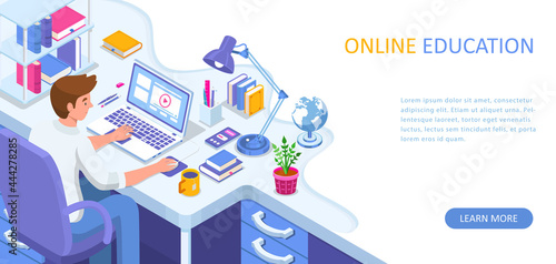 Learning online at home. Student sitting at desk and looking at laptop. E-learning banner. Web courses or tutorials concept. Distance education flat isometric vector illustration.
