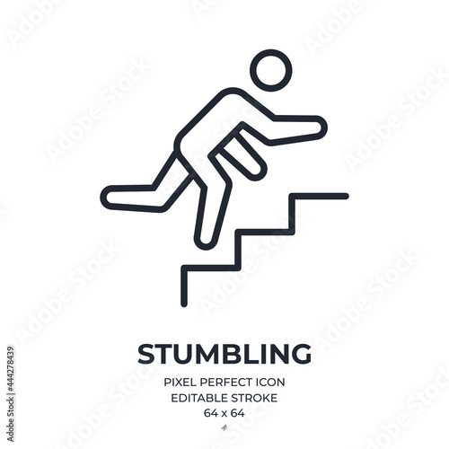 Stumbling man on stairs editable stroke outline icon isolated on white background flat vector illustration. Pixel perfect. 64 x 64.