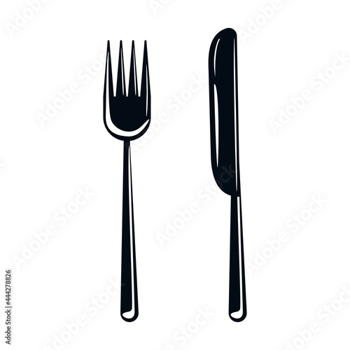 Cutlery fork and knife. Cutlery silhouette icon. Cookware concept. Vector graphics isolated on white background.