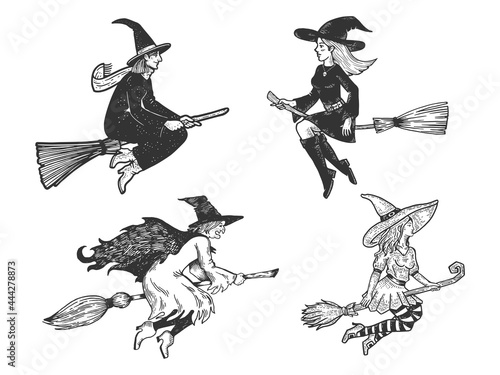 witch fly on a broom collection set line art sketch engraving vector illustration. T-shirt apparel print design. Scratch board imitation. Black and white hand drawn image.
