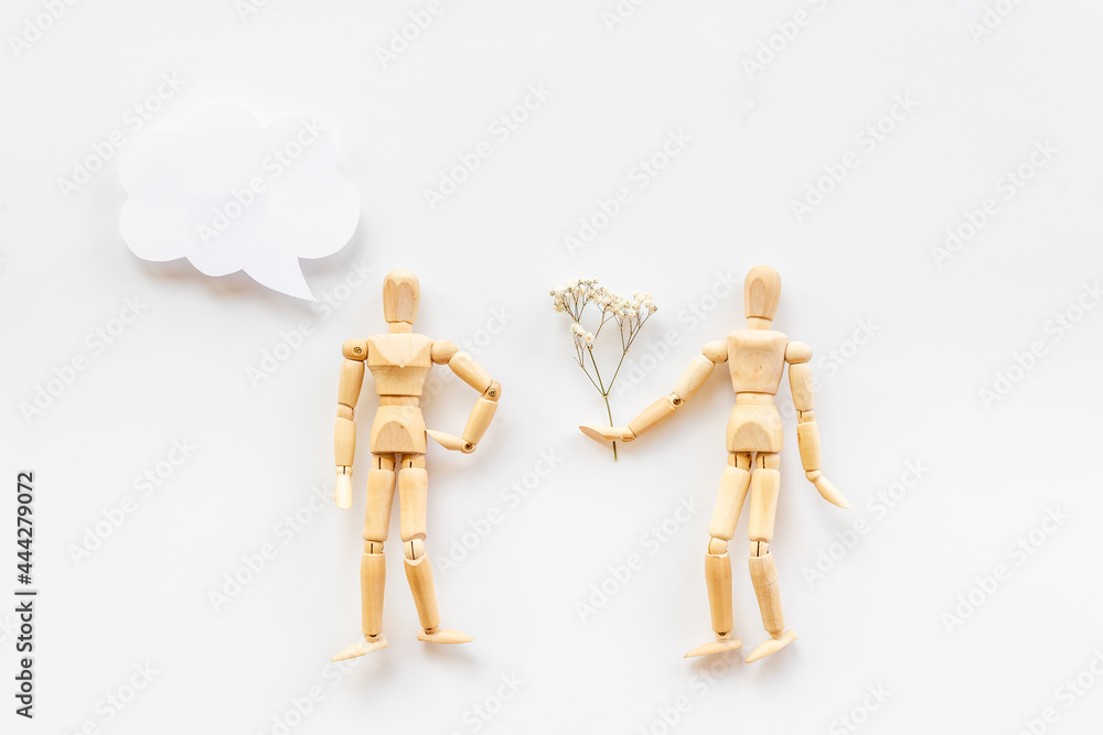 Mental and emotional gender difference between man and woman. Two wooden mannequin figurine connection Mental and emotional gender difference between man and woman. Two wooden mannequin figurine connection