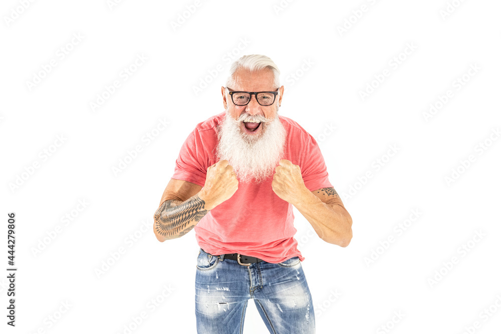 Fototapeta premium Happy modern bearded man posing in studio. Successful and handsome adult senior smiling.
