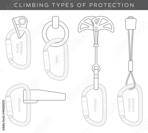 Vector set of accessories for securing while mountain climbing. Isolated on white background.