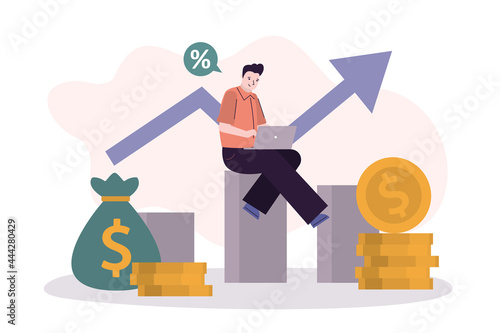 Businessman successfully invests online. Handsome man with laptop analyzes investment growth