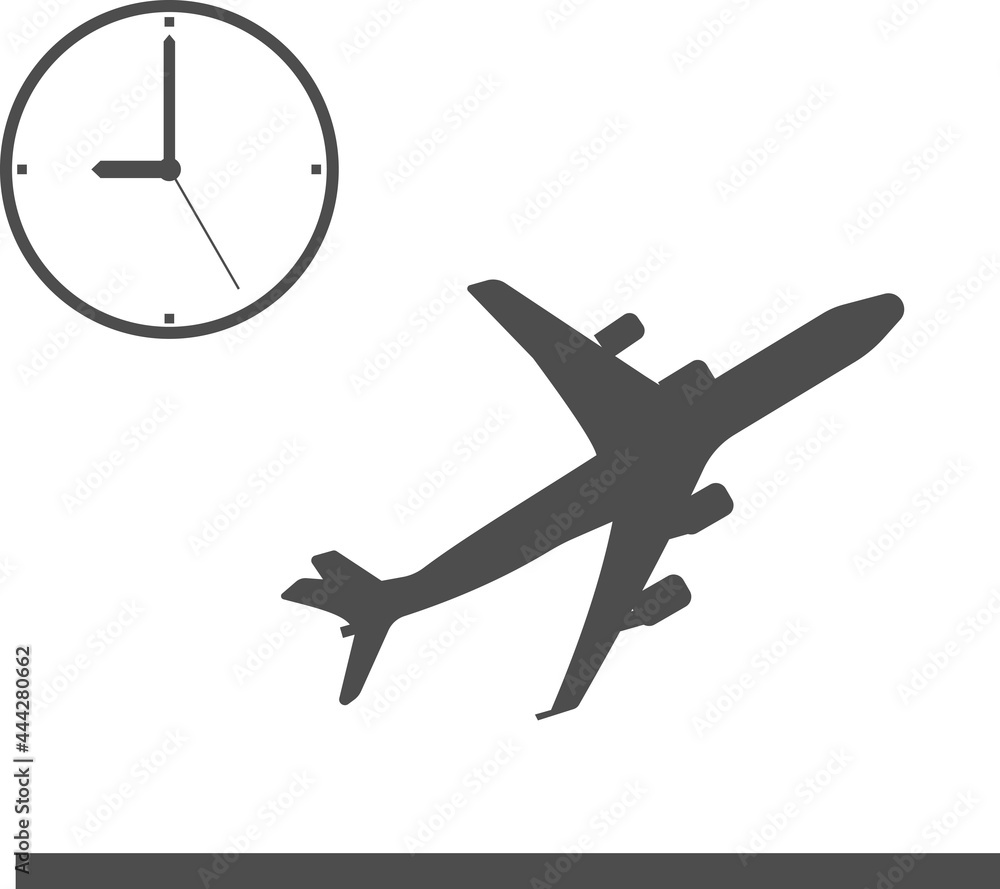 Vector image of an airplane taking off by the clock.