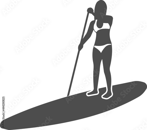 Vector image of a girl rowing with an oar, standing on a board.