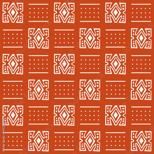 Seamless African mud cloth pattern with simple geometric shapes (dots, lines) and white tribal decoration on orange background