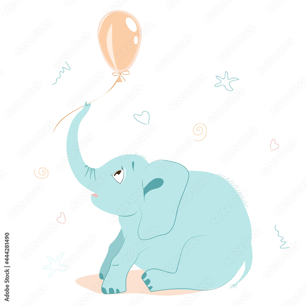 A small blue elephant is sitting and looking at a pink balloon. Vector illustration for decoration in the children's room A small blue elephant is sitting and looking at a pink balloon. Vector illustration for decoration in the children's room