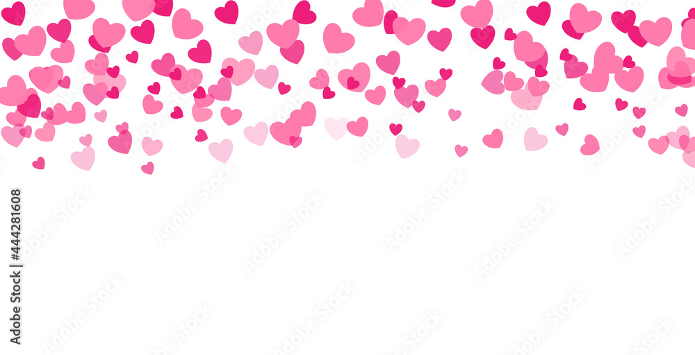 Pink heart on white background. Heart confetti pattern. Flying hearts. Template design for a wedding card, Poster, Greet. Vector