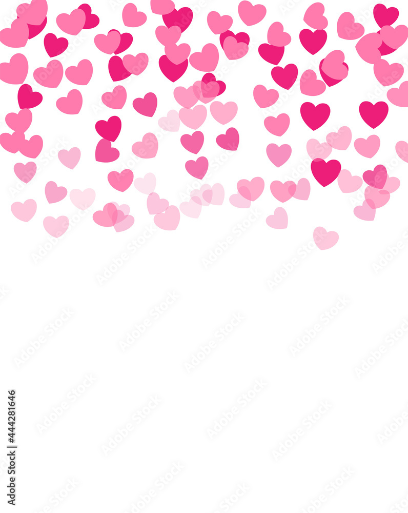 Pink heart on white background. Heart confetti pattern. Flying hearts. Template design for a wedding card, Poster, Greet. Vector