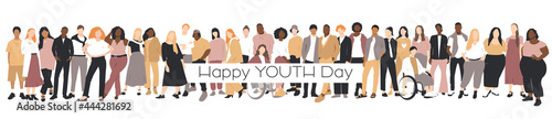 Happy Youth Day card. People of different ethnicities stand side by side together. Flat vector illustration.