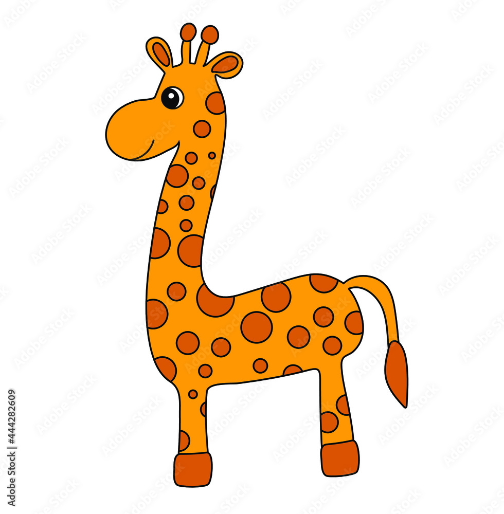 Fototapeta premium African savannah standing giraffe isolated in cartoon style. Educational zoology illustration, coloring book picture.