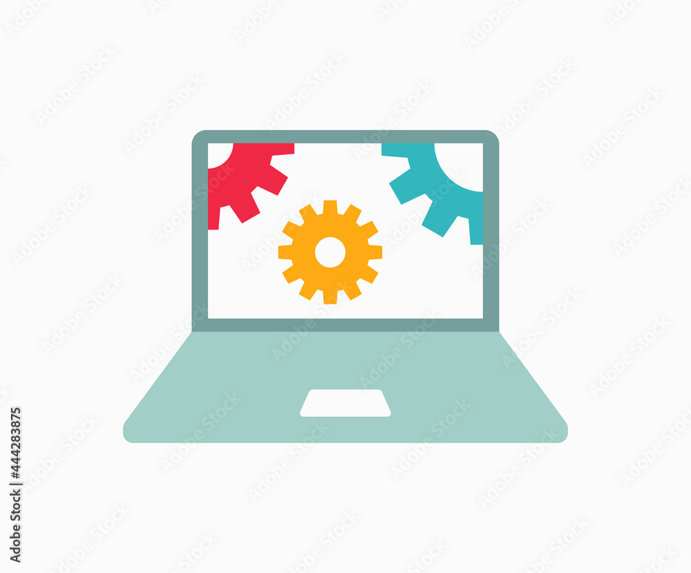 Computer technology. Automation vector icon isolated on white background. Automatization sign. Laptop and gear pictogram. Computer technology. Automation vector icon isolated on white background. Automatization sign. Laptop and gear pictogram.