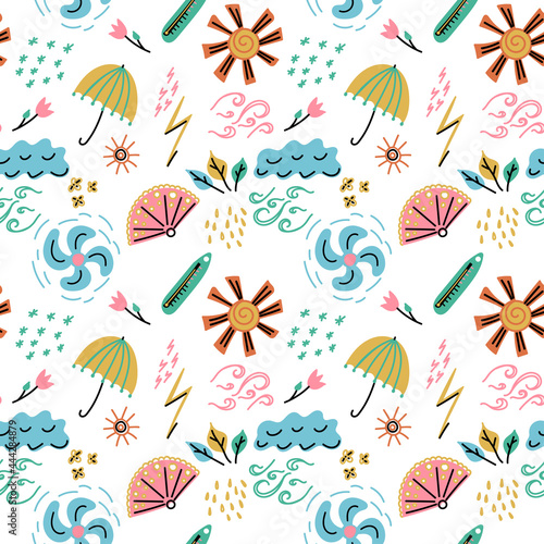 Weather of seasons of the year seamless pattern. Repeat endless pattern. Weather and seasons in doodle style. Modern simple design for cards, children, education, posters, print