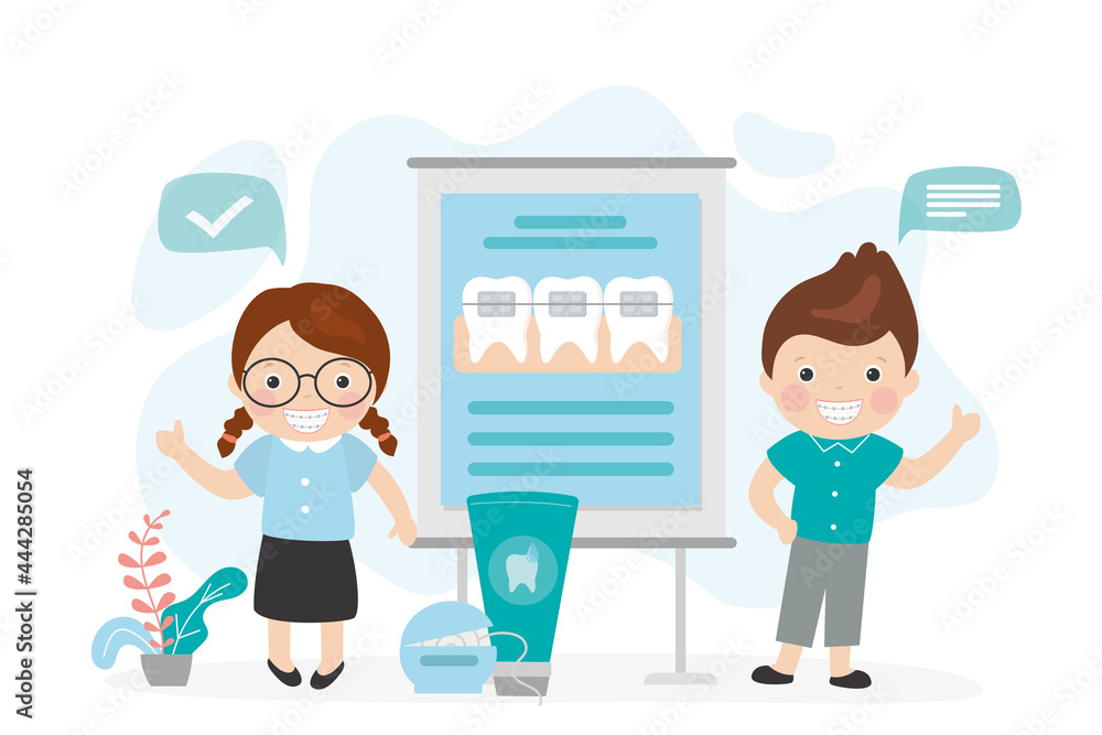 Children talk about braces system. Teenagers smile and show thumbs up. Boy and girl talk about benefits of braces Children talk about braces system. Teenagers smile and show thumbs up. Boy and girl talk about benefits of braces