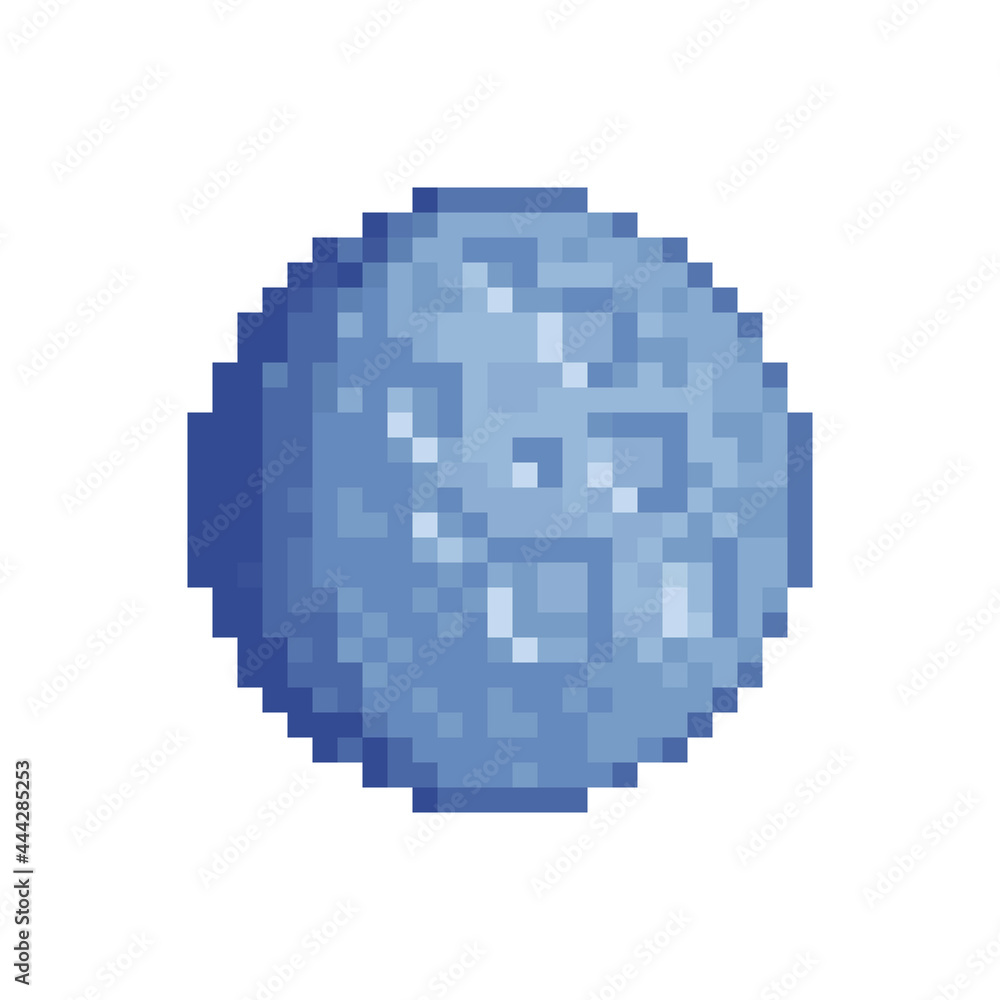 Moon. Pixel icon. Sticker design. Video game sprite. Isolated vector illustration. 8-bit. Old school computer graphic style.