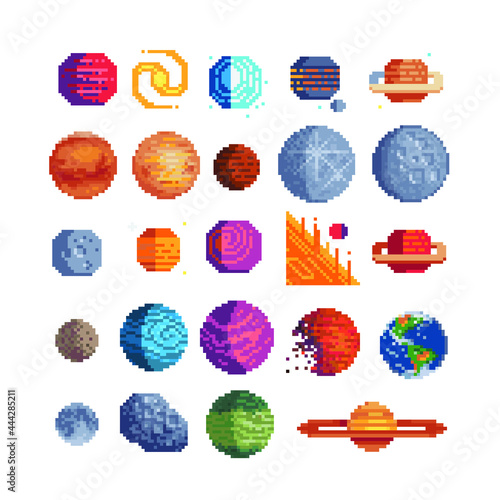 Planets pixel art 80s style set. 8-bit sprites. Solar system objects, flat style. Various space planets, asteroid, moon, fantastic world game design isolated vector icons. 