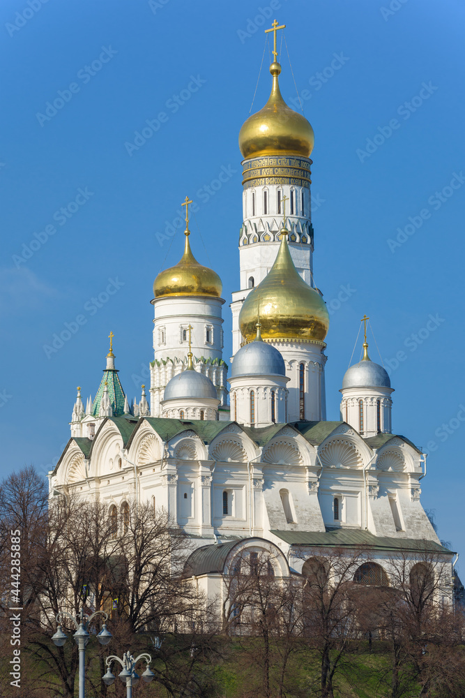 Archangel Cathedral and Ivan the Great Bell Tower in the Moscow Kremlin on a sunny April day