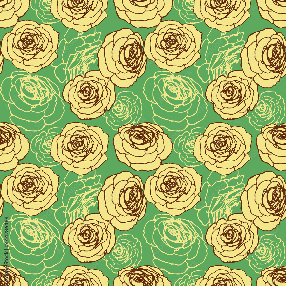 Roses floral seamless pattern over green background in retro style Roses floral seamless pattern over green background in retro style