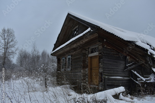 abandoned village in the snow in winter