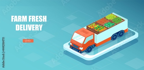Vector of a truck delivering fresh vegetables via online app order