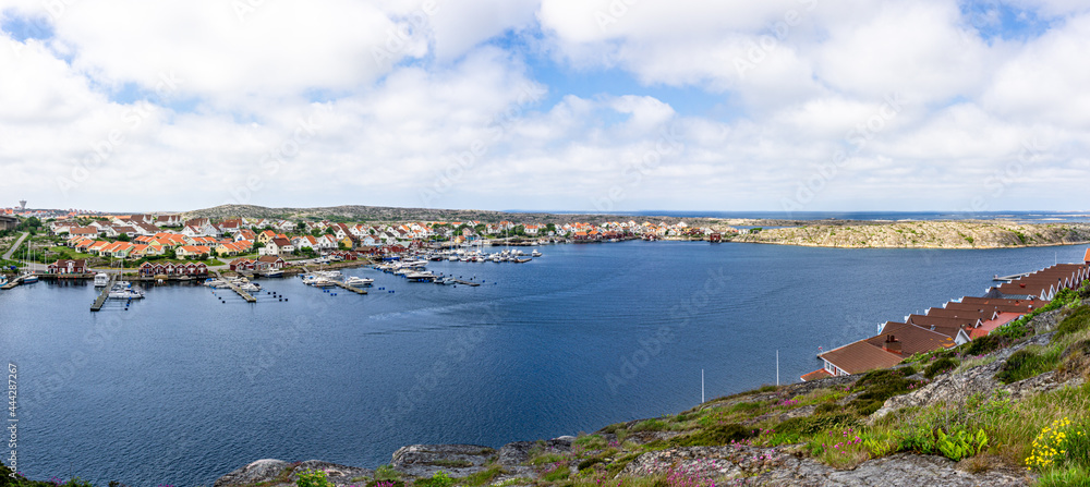 Panorama view on the sea and typical Swedish village with