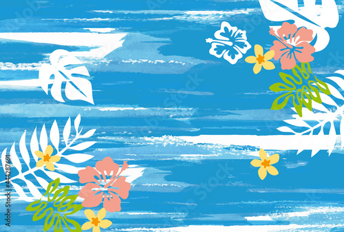 やしとハイビスカス　リゾート　手描き海の背景　