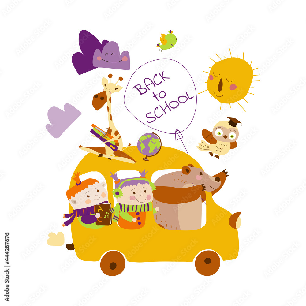 Happy friends ride the bus to school. Children go to school with animal friends. Back to schoololl. Vector illustration in cartoon style on white background. Hand drawn. Isolate. For printing postcar Happy friends ride the bus to school. Children go to school with animal friends. Back to schoololl. Vector illustration in cartoon style on white background. Hand drawn. Isolate. For printing postcar