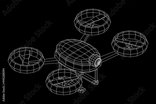 Drone flying with action video camera. Wireframe low poly mesh vector illustration