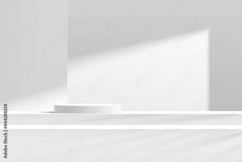 Abstract 3D white and gray cylinder pedestal podium on the steps table with white wall scene in shadow. Modern vector rendering geometric platform for cosmetic product display presentation. Abstract 3D white and gray cylinder pedestal podium on the steps table with white wall scene in shadow. Modern vector rendering geometric platform for cosmetic product display presentation.