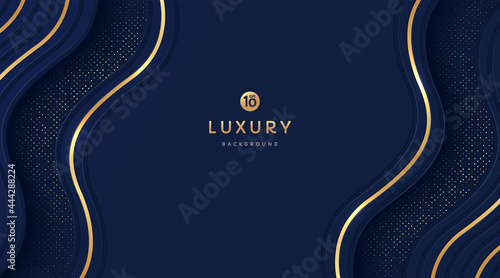 Abstract dark navy blue and gold curve wavy shapes on background with glowing golden striped lines and glitter. Luxury and elegant. Design for presentation, banner, cover. vector EPS10