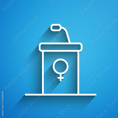 White line Stage stand or debate podium rostrum icon isolated on blue background. Conference speech tribune. Long shadow. Vector