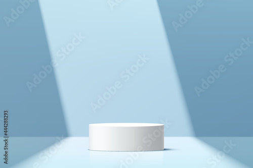 Abstract 3D white cylinder pedestal podium with pastel blue minimal wall scene and shadow. Modern vector rendering geometric platform for cosmetic product display presentation.