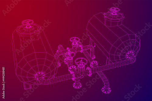 Oil tank storage of flammable materials and pipeline with valve. Finance economy polygonal petrol production. Petroleum fuel industry transportation line. Wireframe low poly mesh vector illustration.