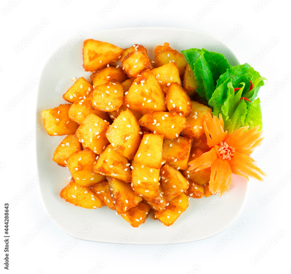 Korean Side Dish Potatoes Gamja Bokkeum or Gamja jorim in Sweet sauce Sprinkle with Sesame Korean Side Dish Potatoes Gamja Bokkeum or Gamja jorim in Sweet sauce Sprinkle with Sesame