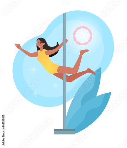 Smiling female character is training pole dance in studio