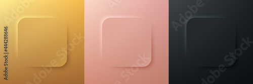 Set of abstract 3D luxury gold, rose gold, black round corner square frame design. Collection of geometric backdrop for cosmetic product. Elements for design. Top view. EPS10 vector