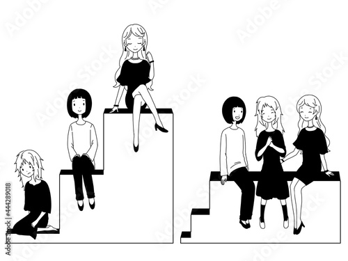 白黒の富裕層、中間層、貧困層の女性の格差と平等イメージの素材セット