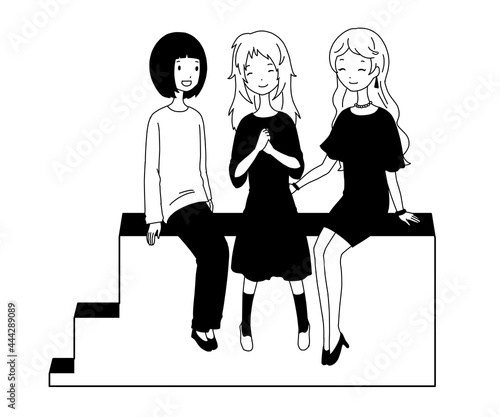 白黒の富裕層、中間層、貧困層の女性が平等になるコンセプトのイラスト