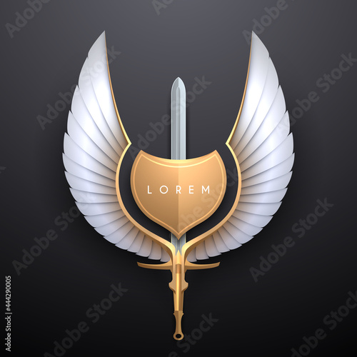 White and gold wings with sword and shield