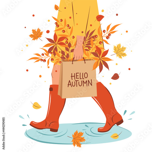 Hello autumn. Woman in boots  walks in puddle and keeps package with autumn leaves. Bright poster for sale, flyer with invitation for shopping, template offer of discounts. Vector Illustration