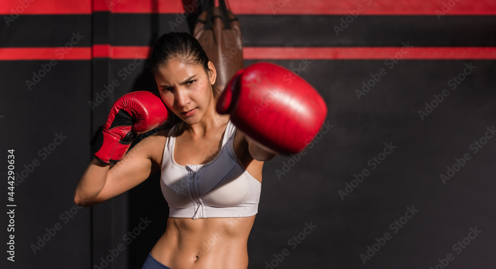 Portrait of asian attractive woman in sportswear wear red boxing gloves with workout and pose boxing show punch in gym. Young boxer woman exercise and training by boxing for healthy in fitness center.
